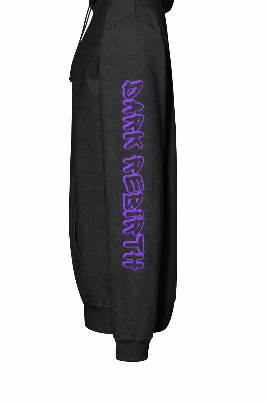 Black hoodie with purple text on a white background