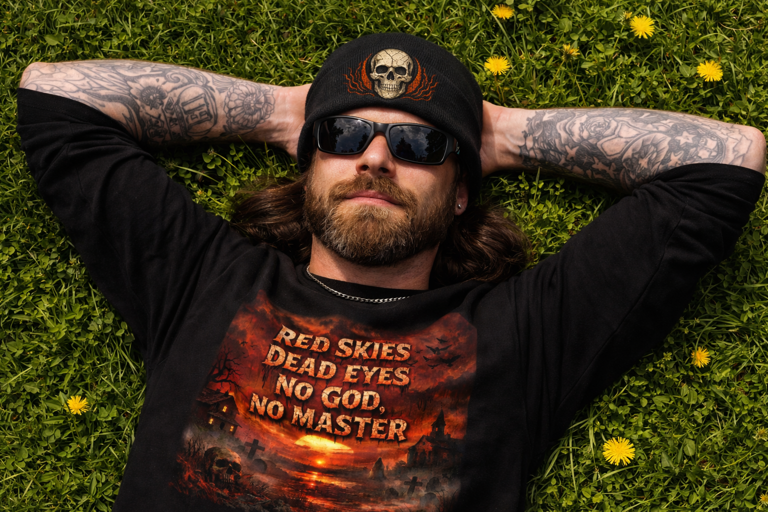 Man wearing sunglasses and a black beanie with a skull design, lying on grass with yellow flowers.
