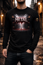 Person wearing a black long-sleeve shirt with 'Metal' graphic design.